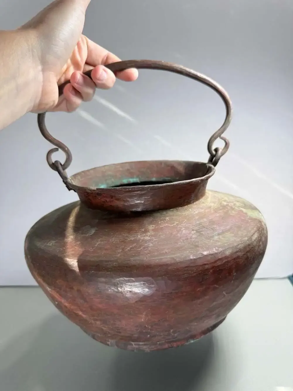 Antique Hand Hammered Copper Pot Cauldron Bail Handle Verdigris Patina Primitive